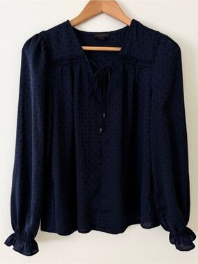 Women’s Navy Long-Sleeve Tie-Neck Blouse